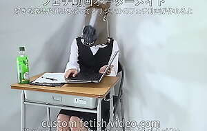 A female office worker wearing a horse mask 