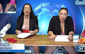 Camsoda - Lesbian MILF and Teen ride Sybian masturbate on air while reading the news