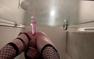 Chicken Sabrina part 2 in the shower practicing with big pink dildo licks it clean