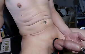 accelerated video ESTIM insertion notched rod in urethra with foreskin swollen with piddle