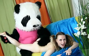 Horny girl playing with toy bear