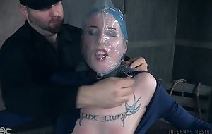Blue-haired vixen with small tits receives totally dominated