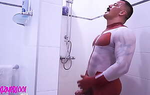 Omniman showers off his cum soaked hard cock