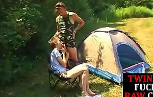 Camping twink tasting cum after breeding duo