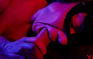 A masked woman sucks a big cock with an ending connected with her frowardness a gentle blowjob connected with neon light to the music