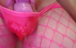 Panty piss in pink continence device increased by fishnets