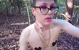 Femboy naked and oiled up round the woods - ASS FUCK and PISS
