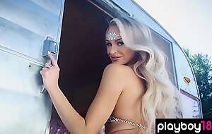 Petite snug titted blonde belly dancer Emma Hix stripping in a trailer