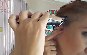 Naked naturist hairdresser. She cuts her own hair. Regina Noir Camera 1 selfie