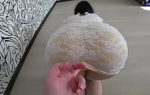 A girlfriend with a strapon fucked a bonny meritorious lesbian close concerning a white dress, a excitement juicy pain in the neck POV 