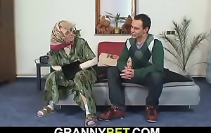 Lonely venerable grandma sucks and rides his flannel