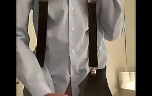 twink boy jerking off in blue shirt together with suspenders