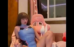D Va Overwatch Cosplayer showing his big ass and riding dildo