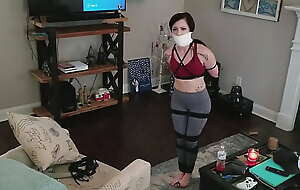 Tied and gagged BF bombshell hops around the living room