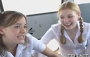 Diminutive titted schoolgirl gives wet blowjob and rails dick