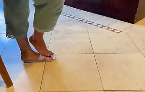 candid chinese milf feet in slippers teasing about dog