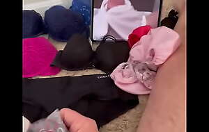 Jerking off with wife’s panties and bras