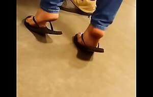Candid Barefoot Look over Flops Tip Toe Walking With Dirty Soles
