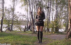 Jeny Smith in nylon hose without be dying for shocked a biker in the forest  Bottomless in Public 