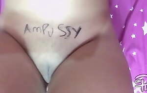 Asian teen girl writes AMPUSSY on her naked fabrication